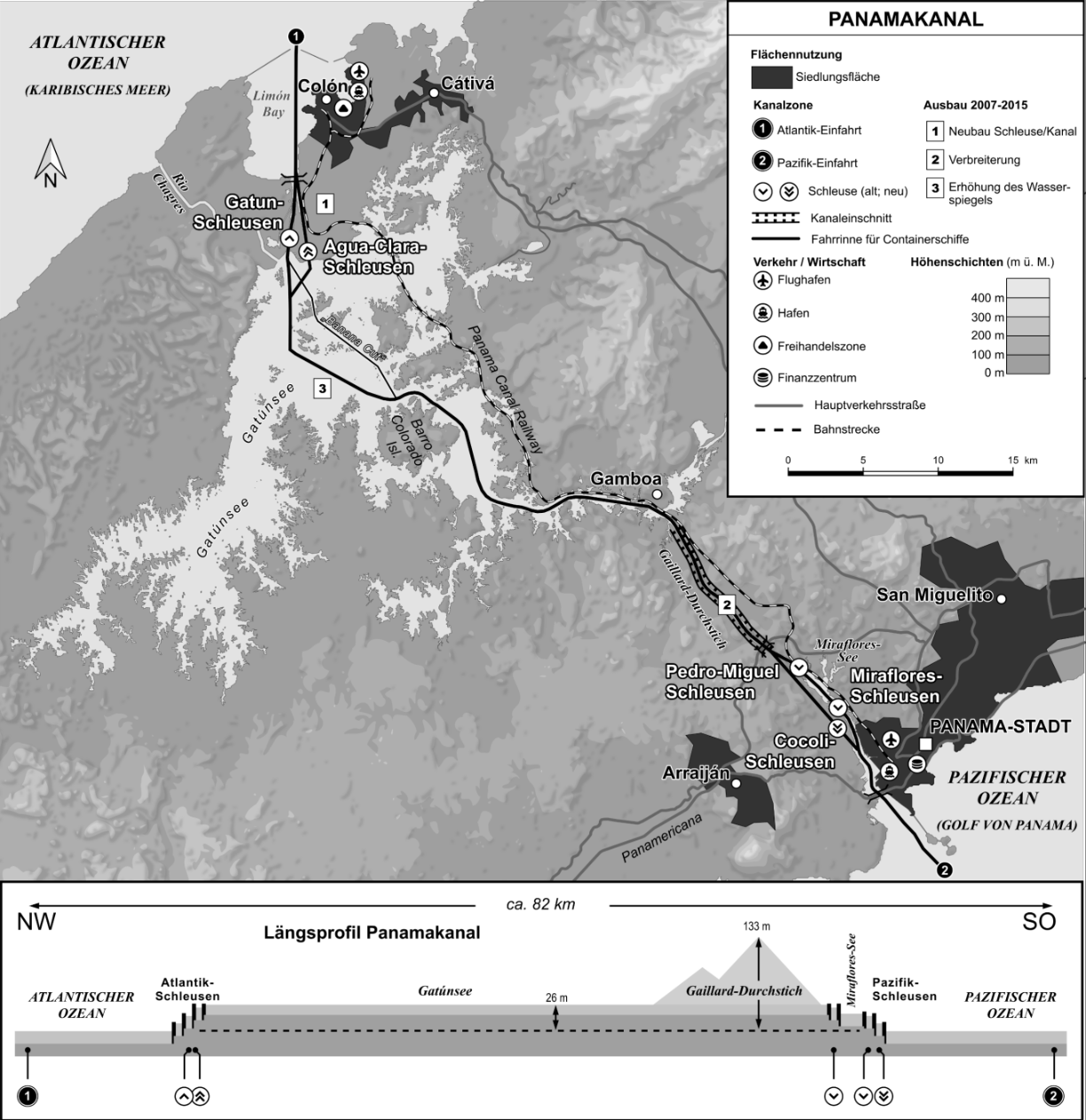 Schwarzweiß-Karte des Panamakanals mit Schleusen, Gatunsee, Kanalverlauf, Längsprofil und Legende.